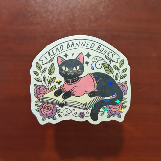 I Read Banned Books Sticker – Black Cat Reading Vinyl Sticker
